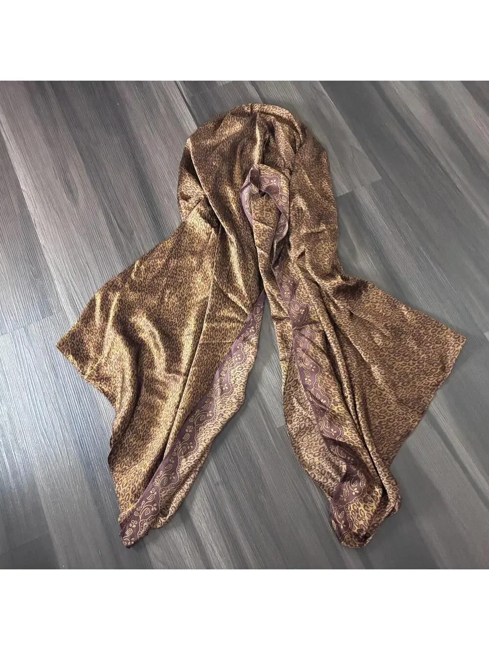 Vintage Victoria's Secret Silk Scarf Sarong Animal Print Beaded Corners Brown